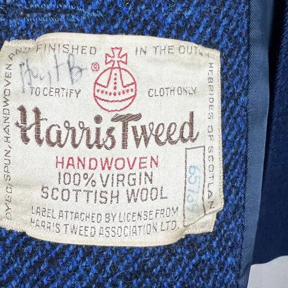 Harris Tweed blue wool overcoat vintage collared long winter coat classic flawed - Picture 2 of 14